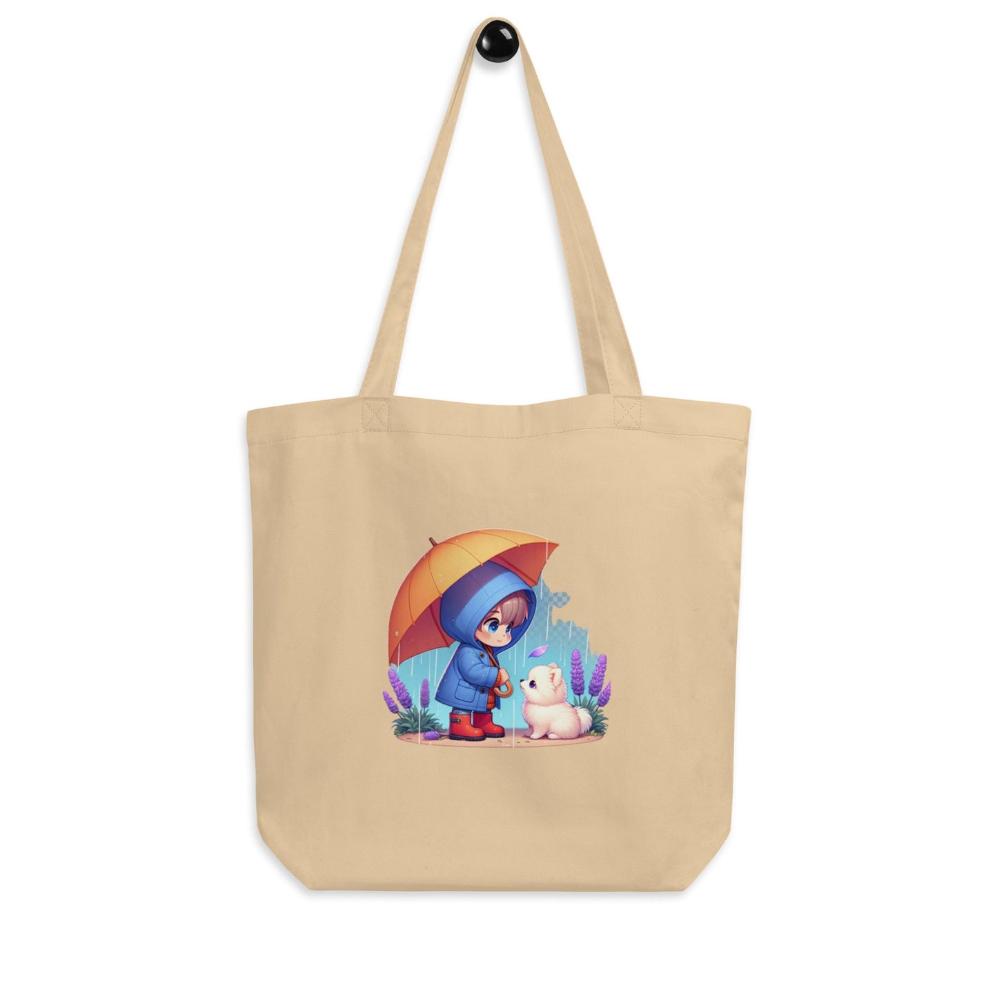 Duurzame Bondgenoten - Eco Tas met Kind & Pomeranian in Regen Illustratie - #shop_name