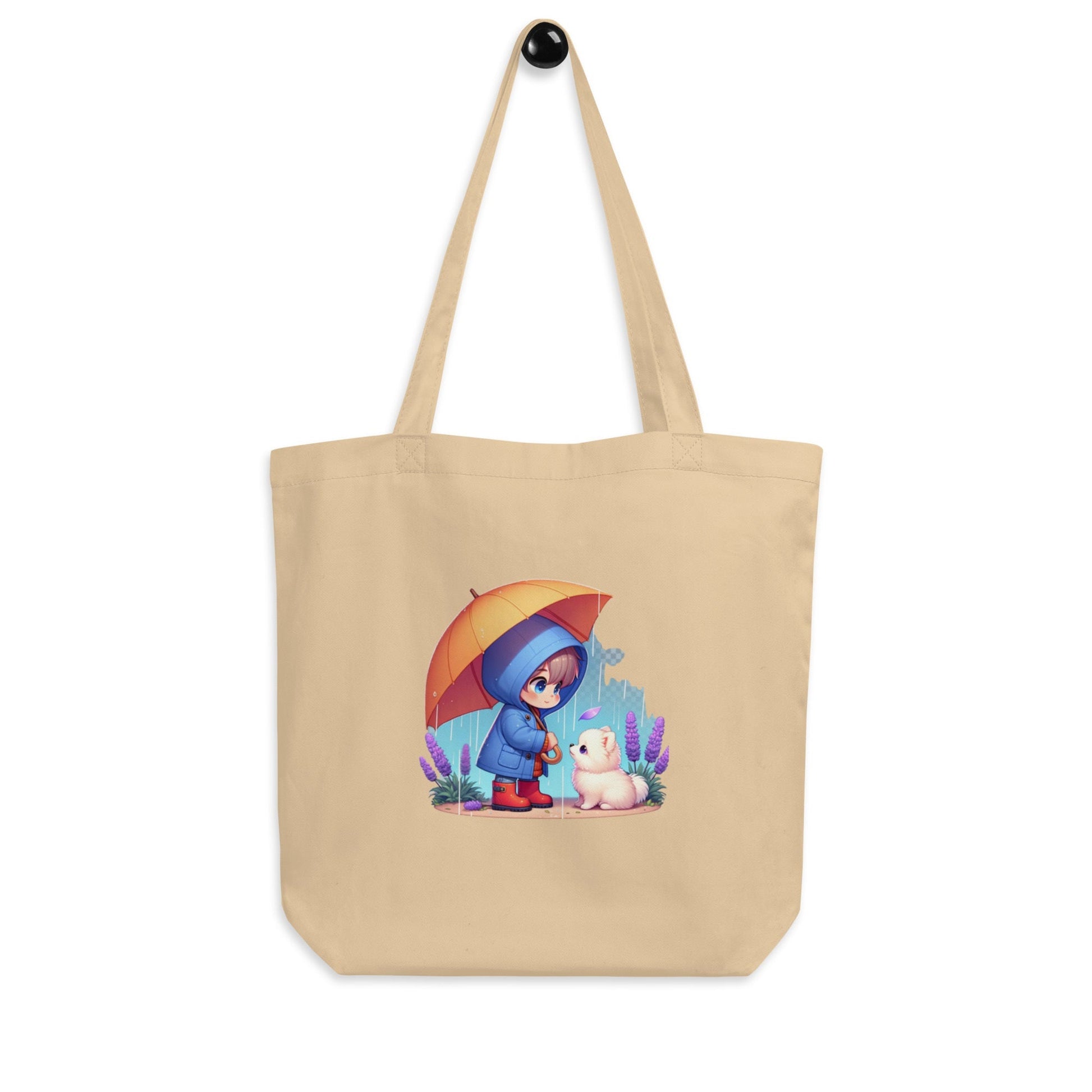 Duurzame Bondgenoten - Eco Tas met Kind & Pomeranian in Regen Illustratie - #shop_name