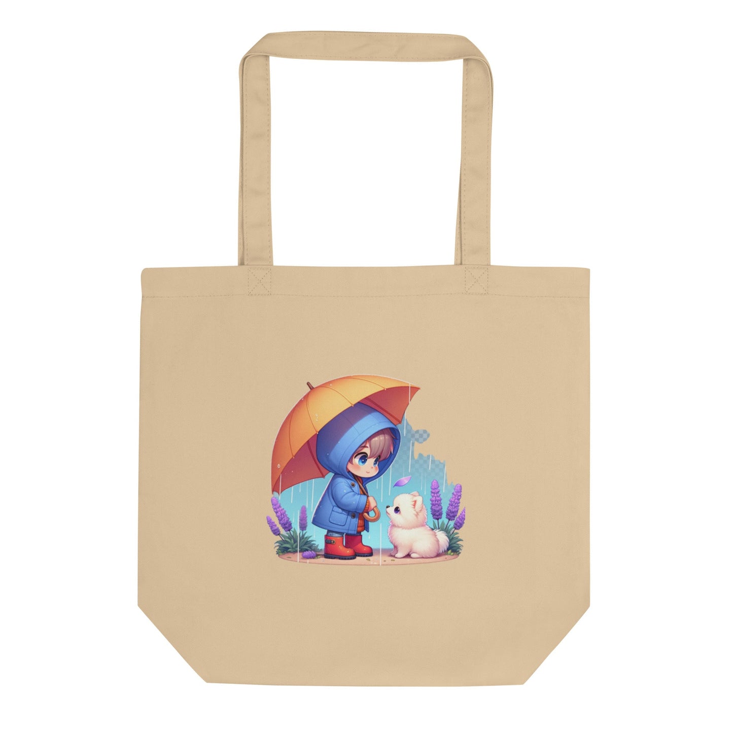 Duurzame Bondgenoten - Eco Tas met Kind & Pomeranian in Regen Illustratie - #shop_name