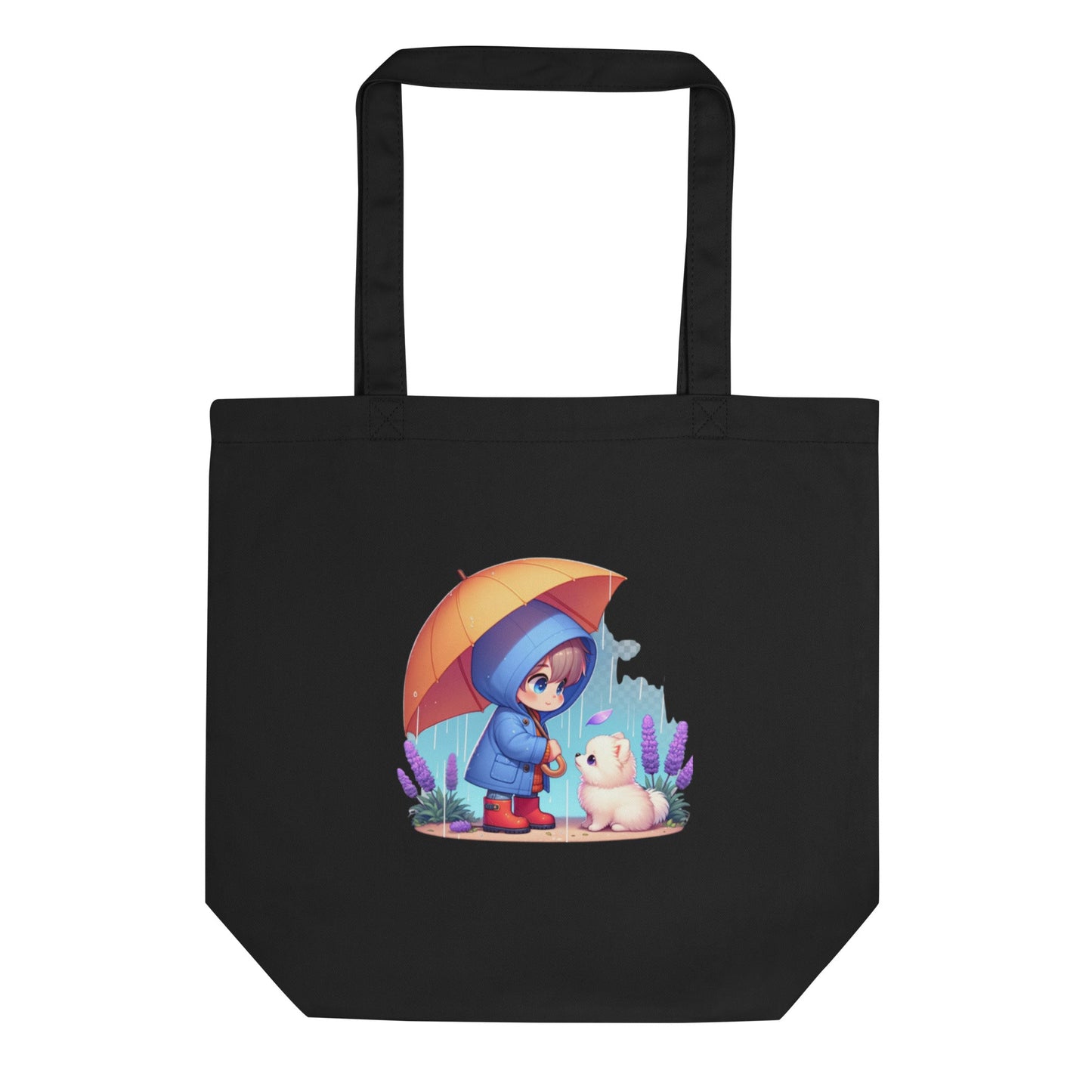 Duurzame Bondgenoten - Eco Tas met Kind & Pomeranian in Regen Illustratie - #shop_name