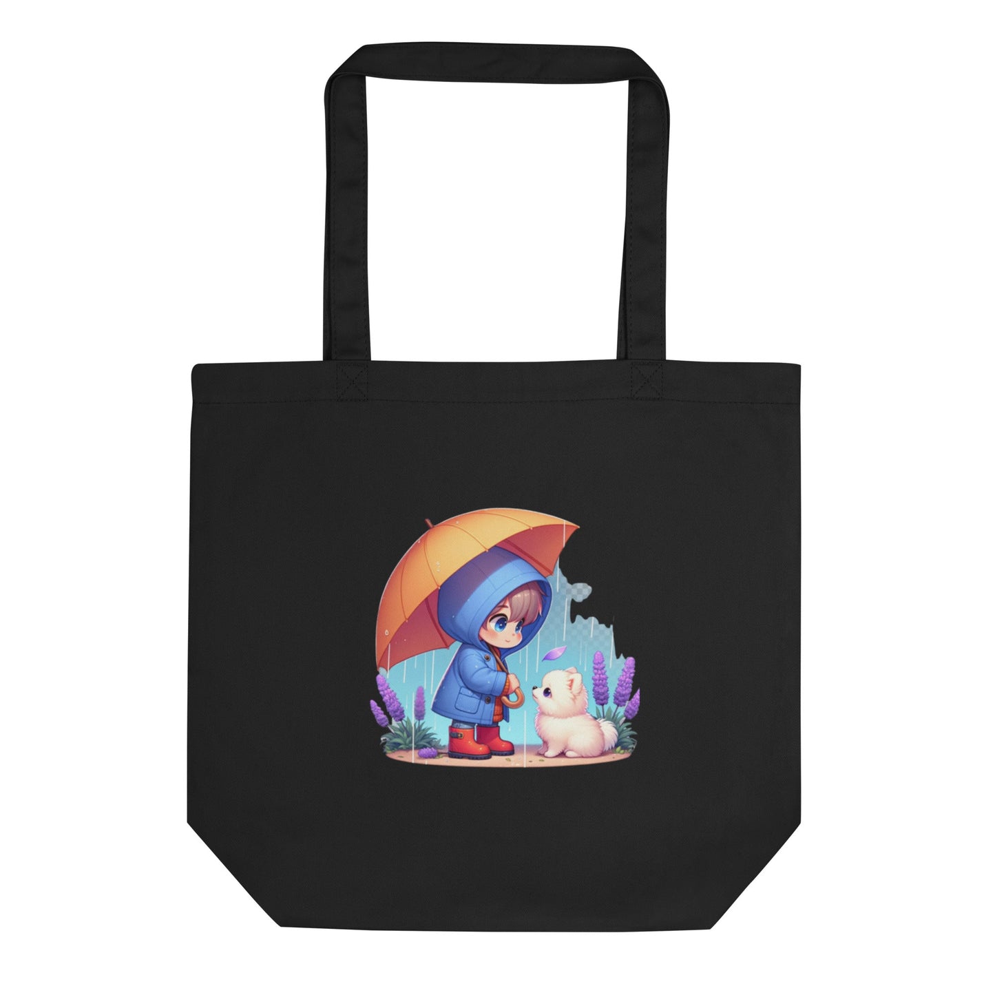 Duurzame Bondgenoten - Eco Tas met Kind & Pomeranian in Regen Illustratie - #shop_name