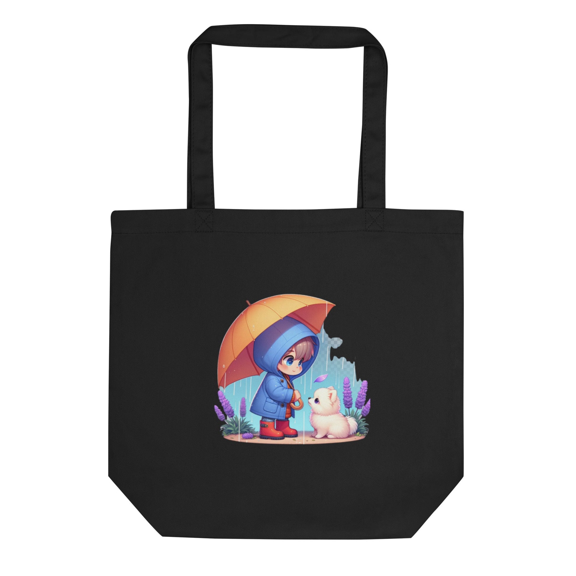 Duurzame Bondgenoten - Eco Tas met Kind & Pomeranian in Regen Illustratie - #shop_name