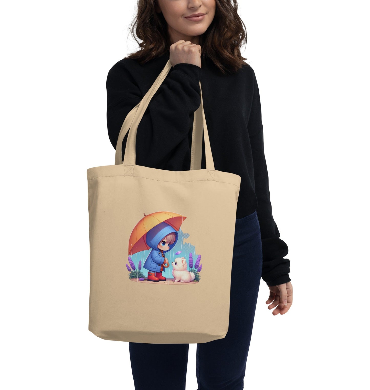 Duurzame Bondgenoten - Eco Tas met Kind & Pomeranian in Regen Illustratie - #shop_name