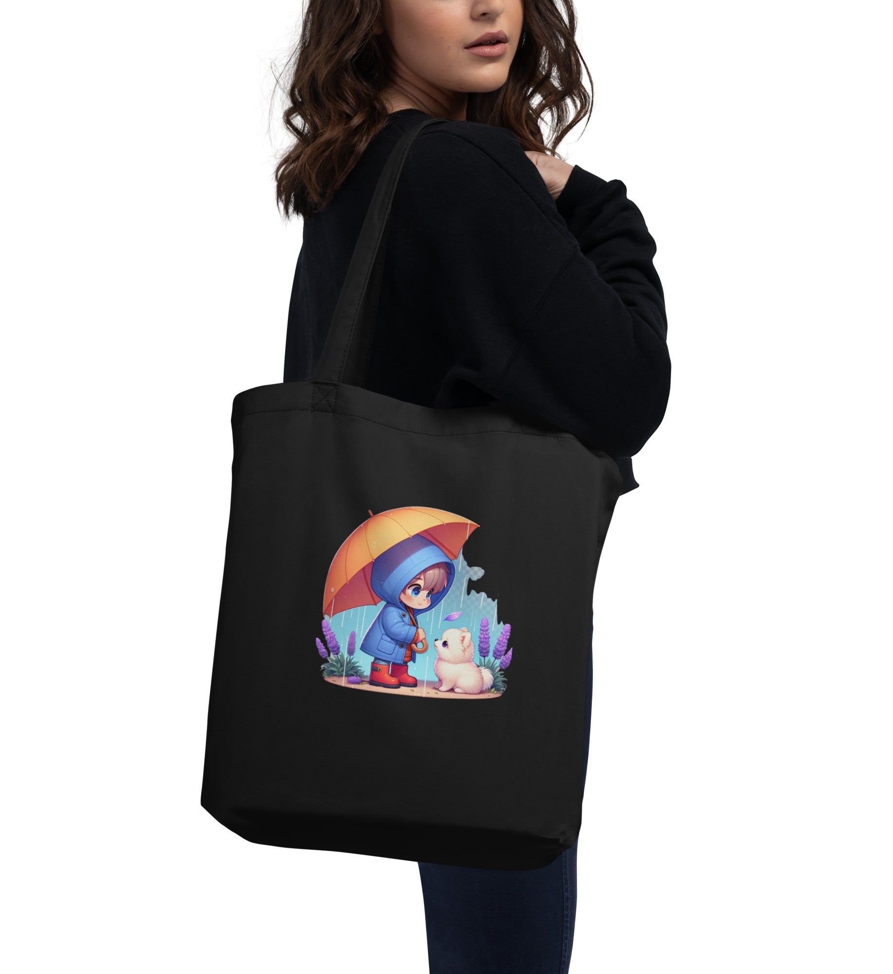 Duurzame Bondgenoten - Eco Tas met Kind & Pomeranian in Regen Illustratie - #shop_name