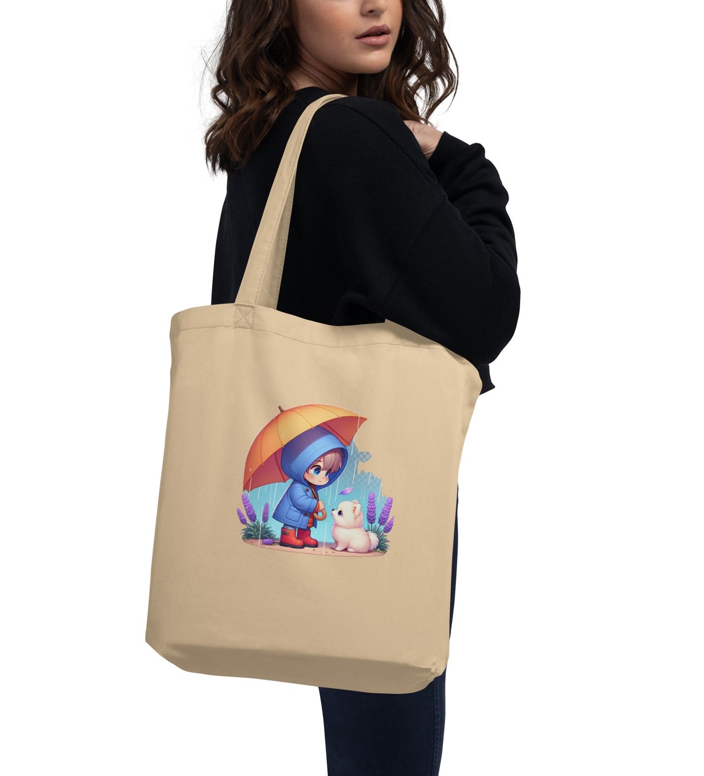 Duurzame Bondgenoten - Eco Tas met Kind & Pomeranian in Regen Illustratie - #shop_name