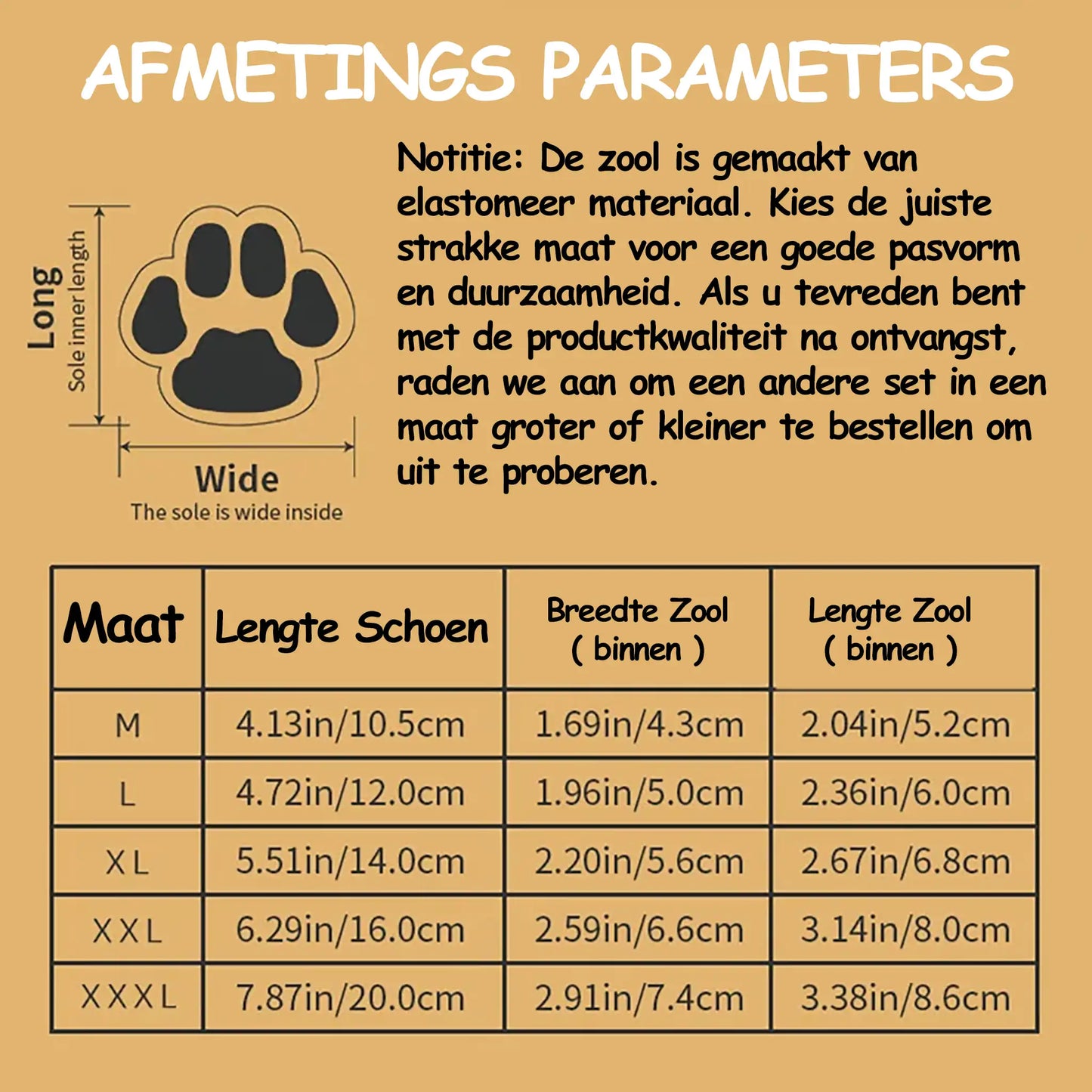 Afmetingen en maten tabel voor comfortabele en duurzame hondenschoenen, met breedte en lengte voor verschillende maten