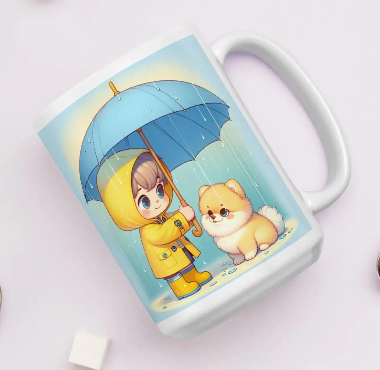 Liggende Pomeranian mok met meisje en paraplu illustratie, perfect cadeau voor hondenliefhebbers en regenachtige dagen