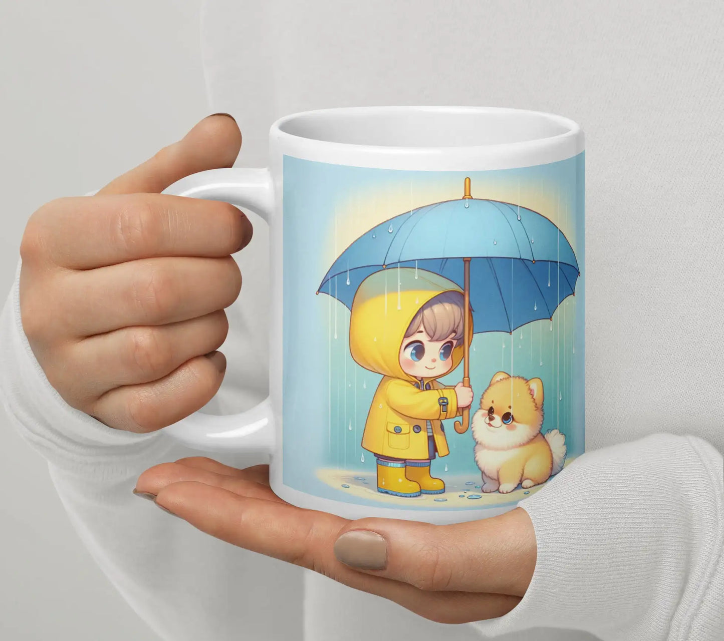 🌧️ Schattige Pomeranian Mok – Meisje met Paraplu ☔ | Perfect Cadeau voor Hondenliefhebbers 🐶