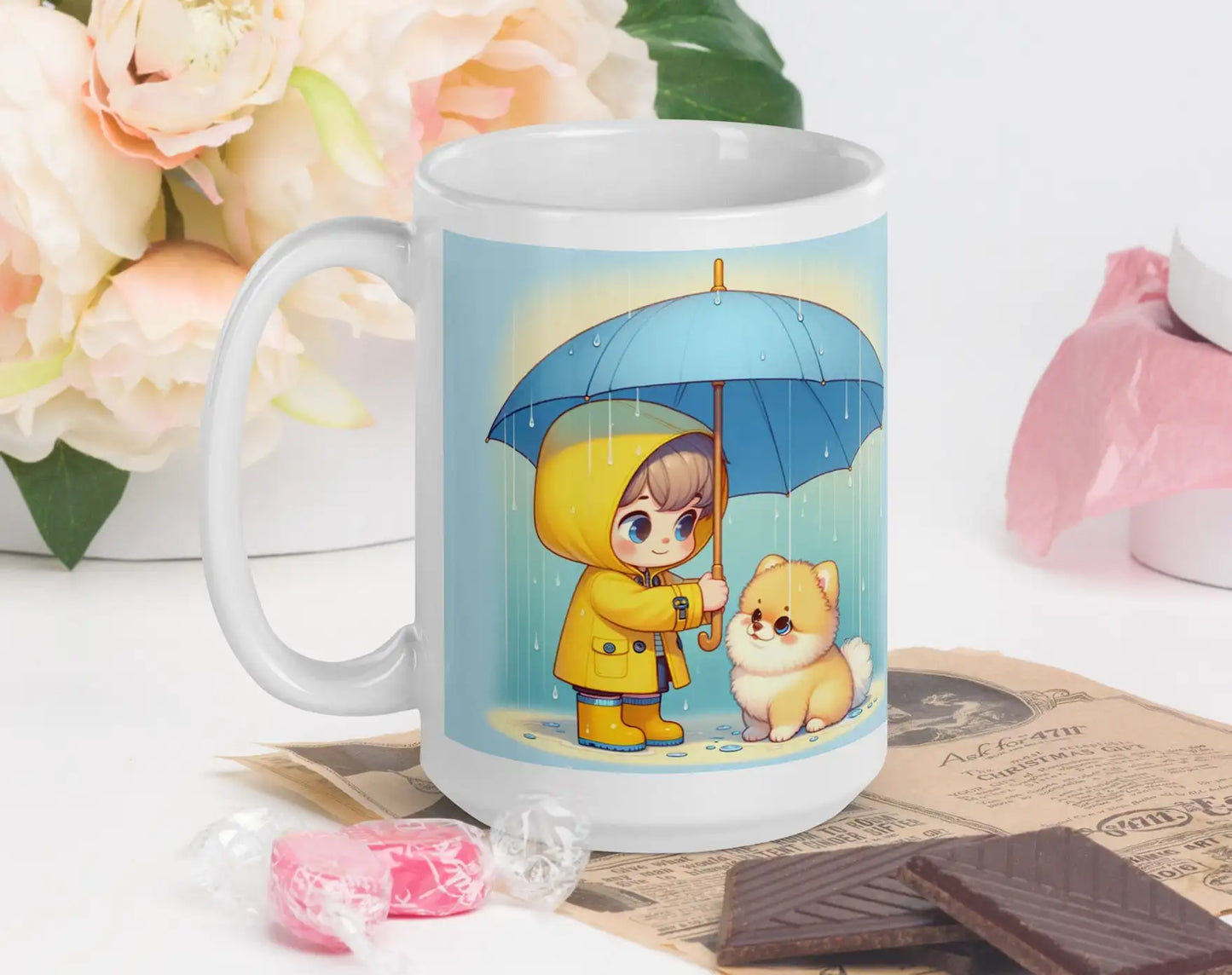 Pomeranian mok met meisje en paraplu illustratie, decoratief cadeau voor hondenliefhebbers met bloemen op de achtergrond