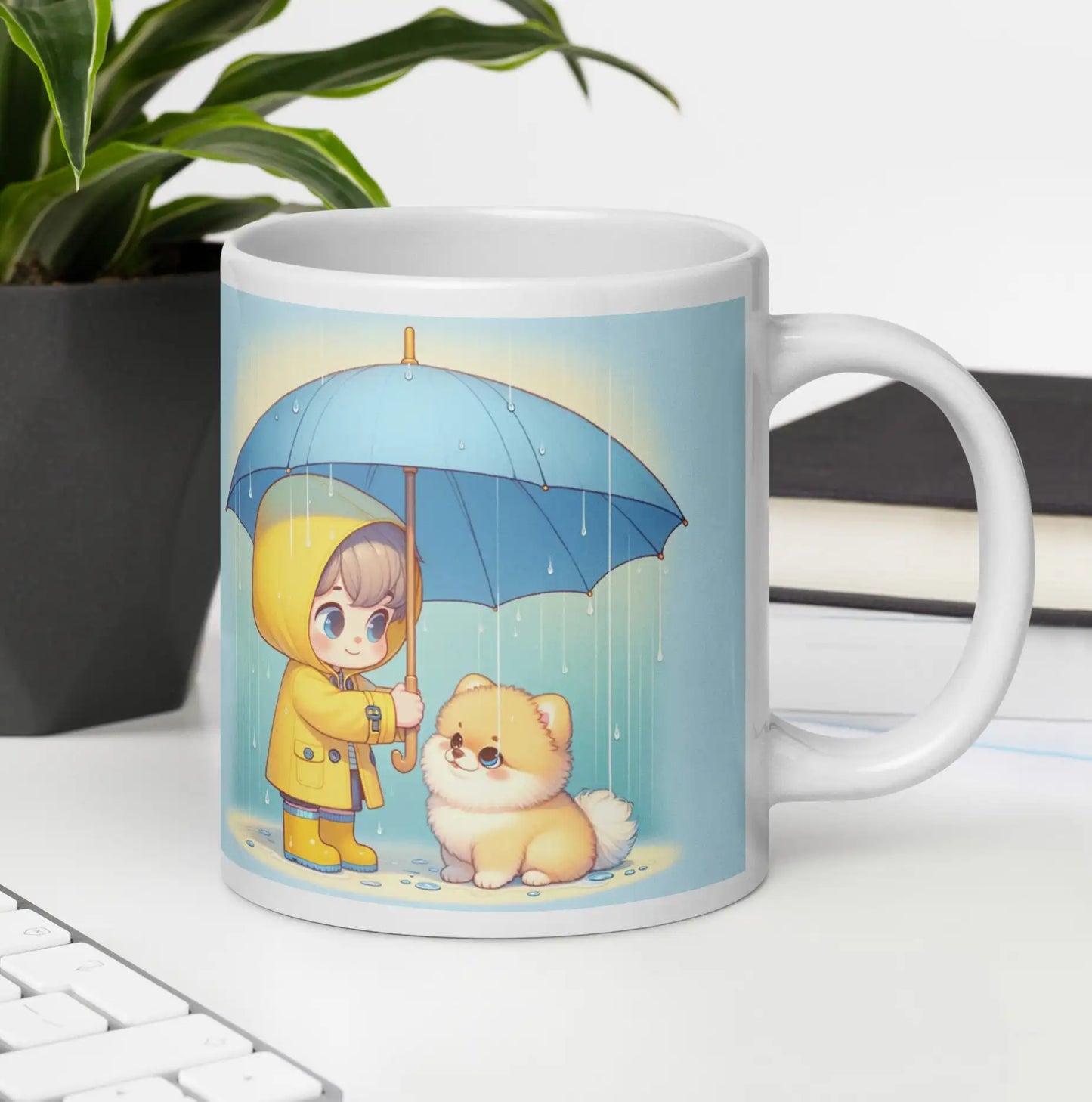 Pomeranian mok met meisje en paraplu illustratie naast planten, ideaal cadeau voor hondenliefhebbers op kantoor