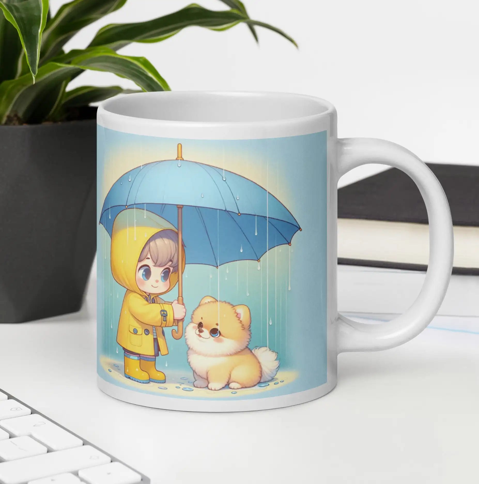 Pomeranian mok met meisje en paraplu illustratie naast planten, ideaal cadeau voor hondenliefhebbers op kantoor