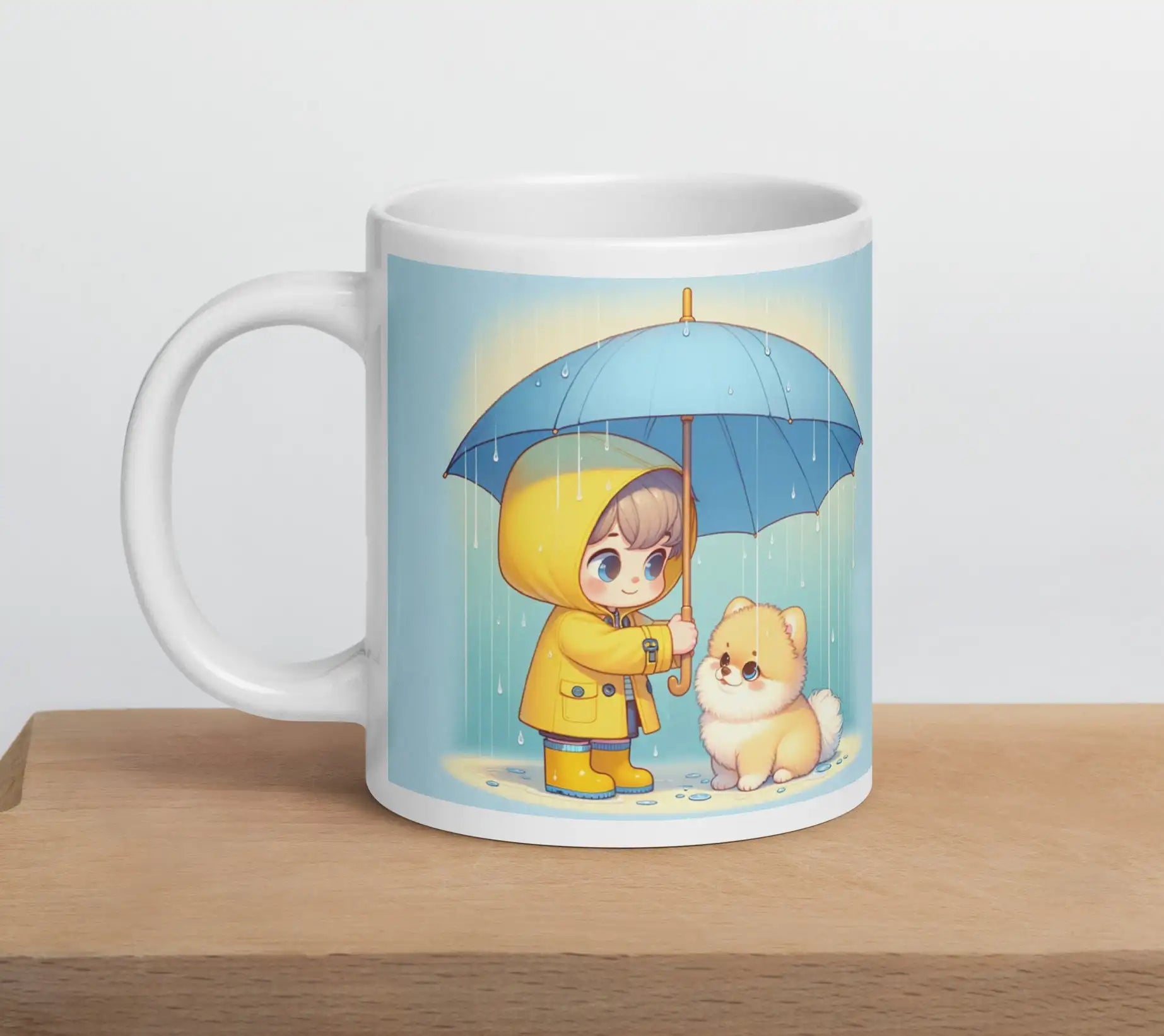 Pomeranian mok met meisje en paraplu illustratie op houten ondergrond, schattig cadeau voor hondenliefhebbers