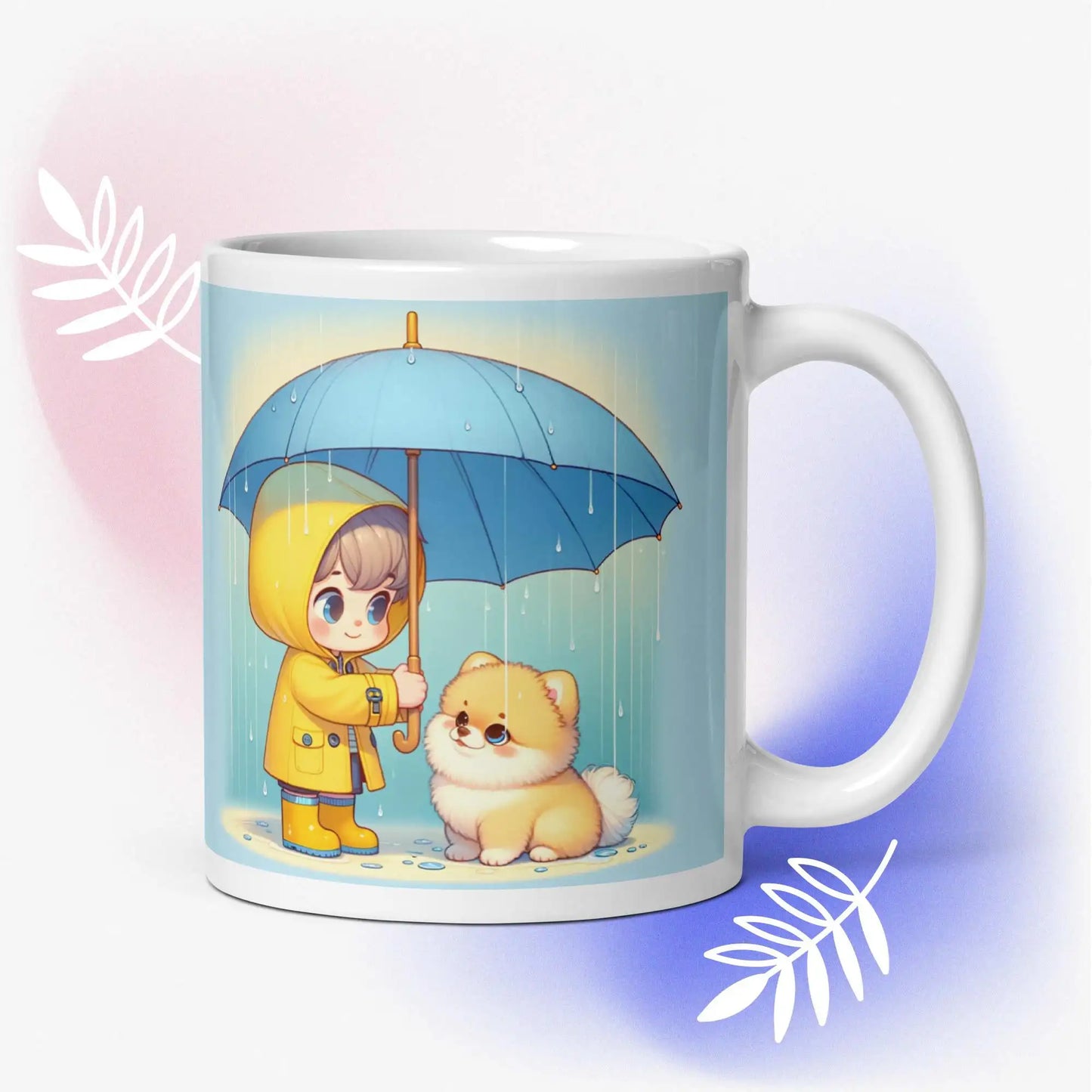 Mok met illustratie van meisje met paraplu en schattige Pomeranian hond, perfect cadeau voor hondenliefhebbers