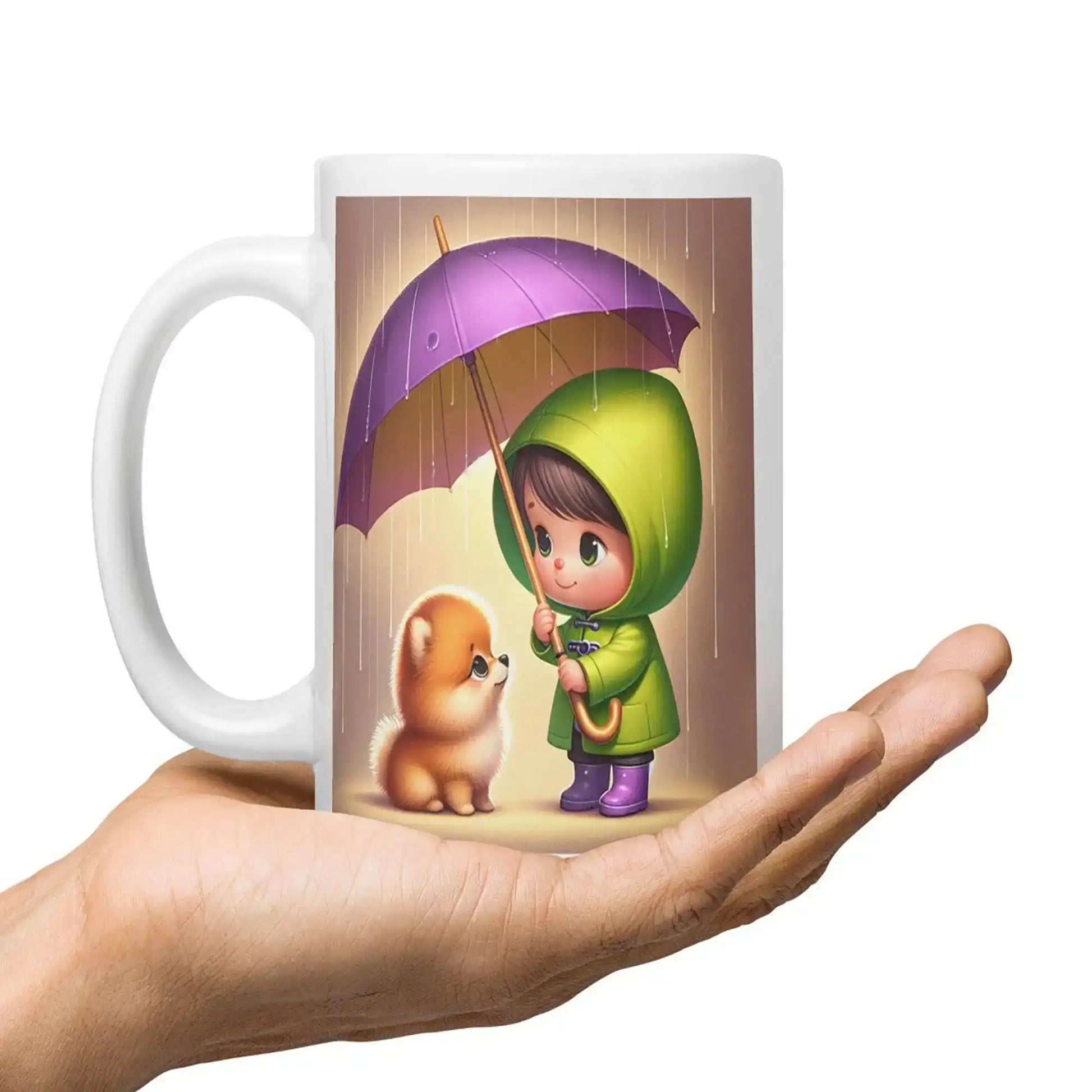 Luxe designer mok met paraplu en Pomeranian illustratie gepresenteerd op een hand, toont formaat en praktisch gebruik van de keramische mok