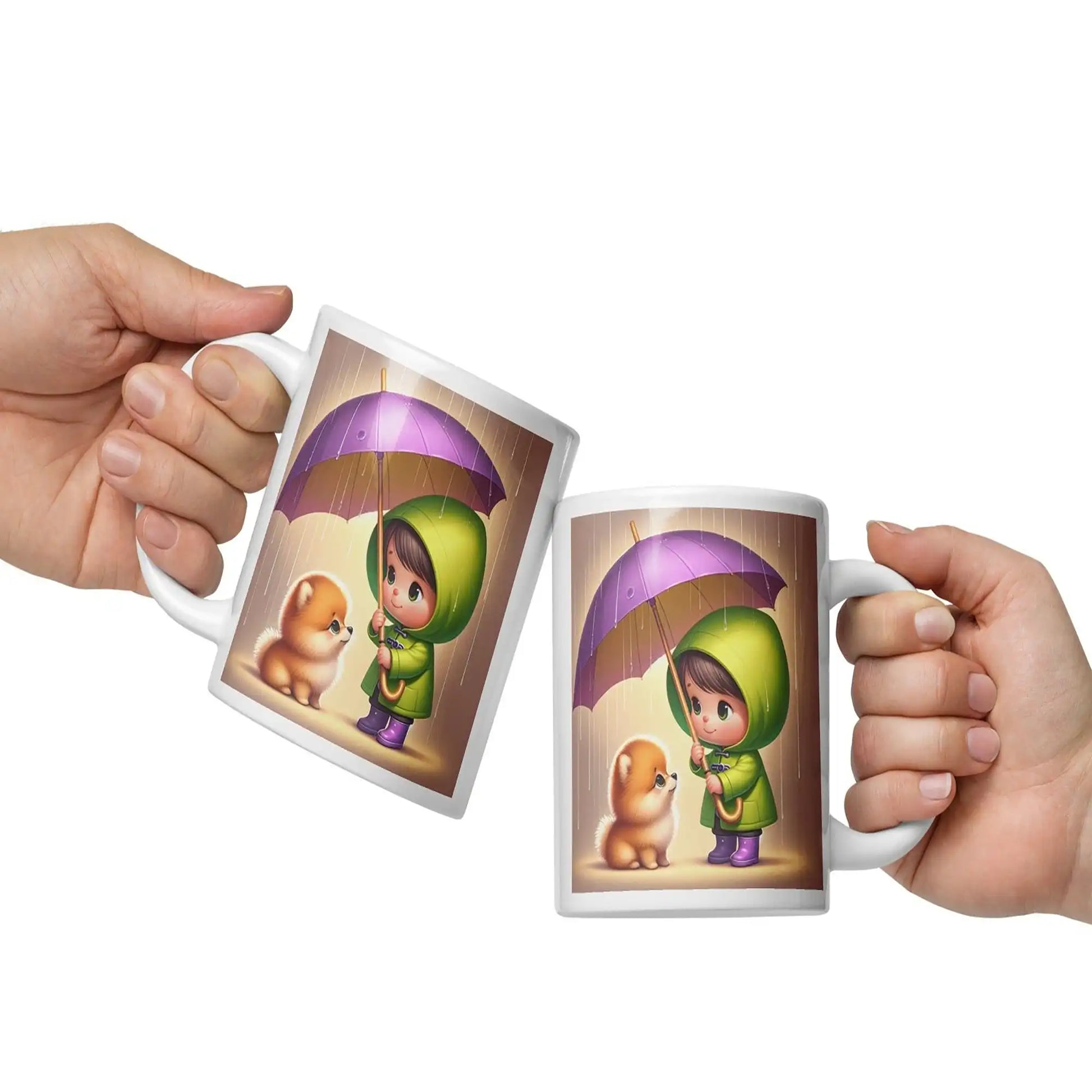 Demonstratie van twee witte keramische mokken met paraplu en Pomeranian illustratie, vastgehouden door handen om grootte te tonen