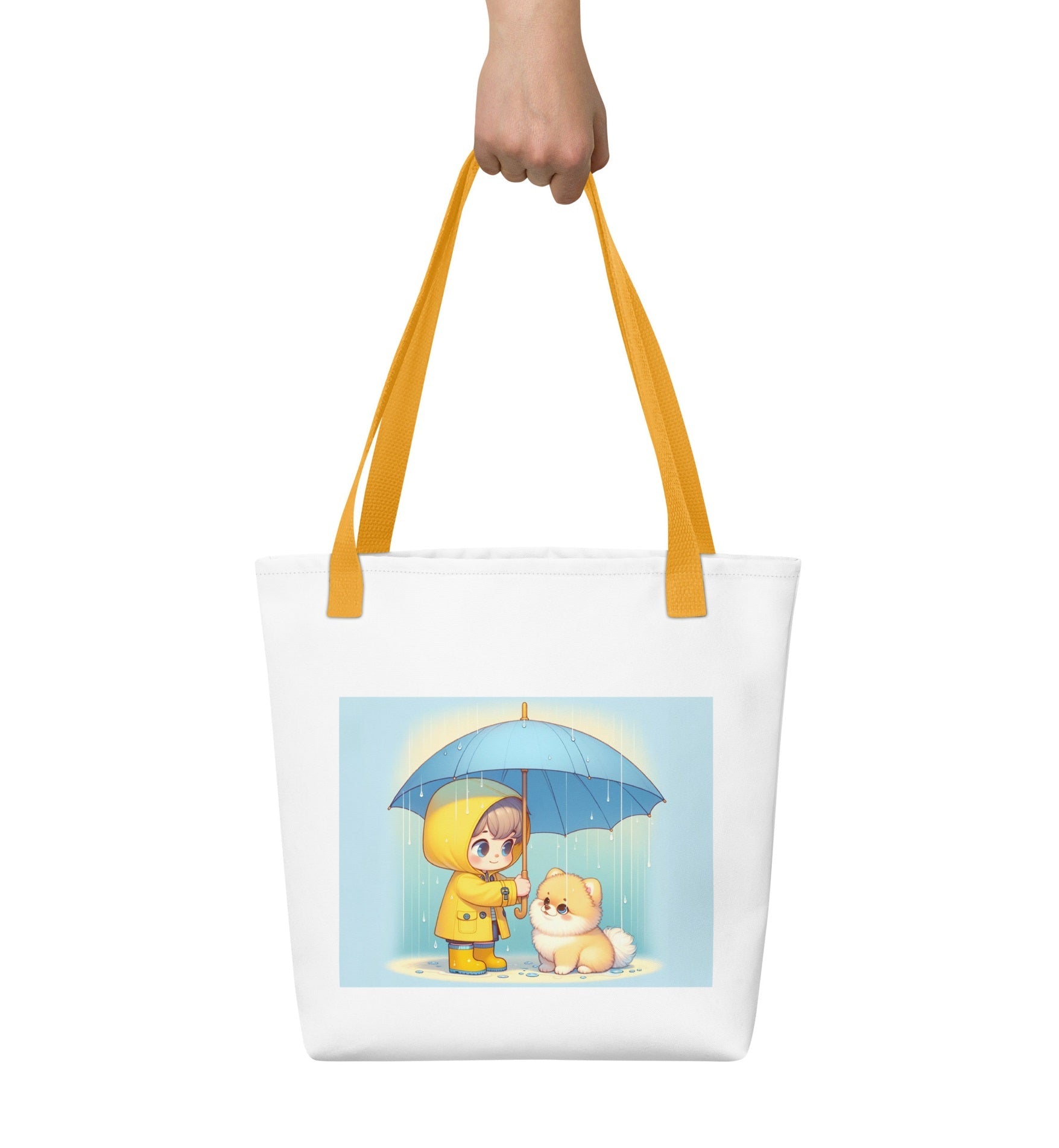 Trendy Polyester Tote Bag met Kind & Pomeranian Illustratie - #shop_name