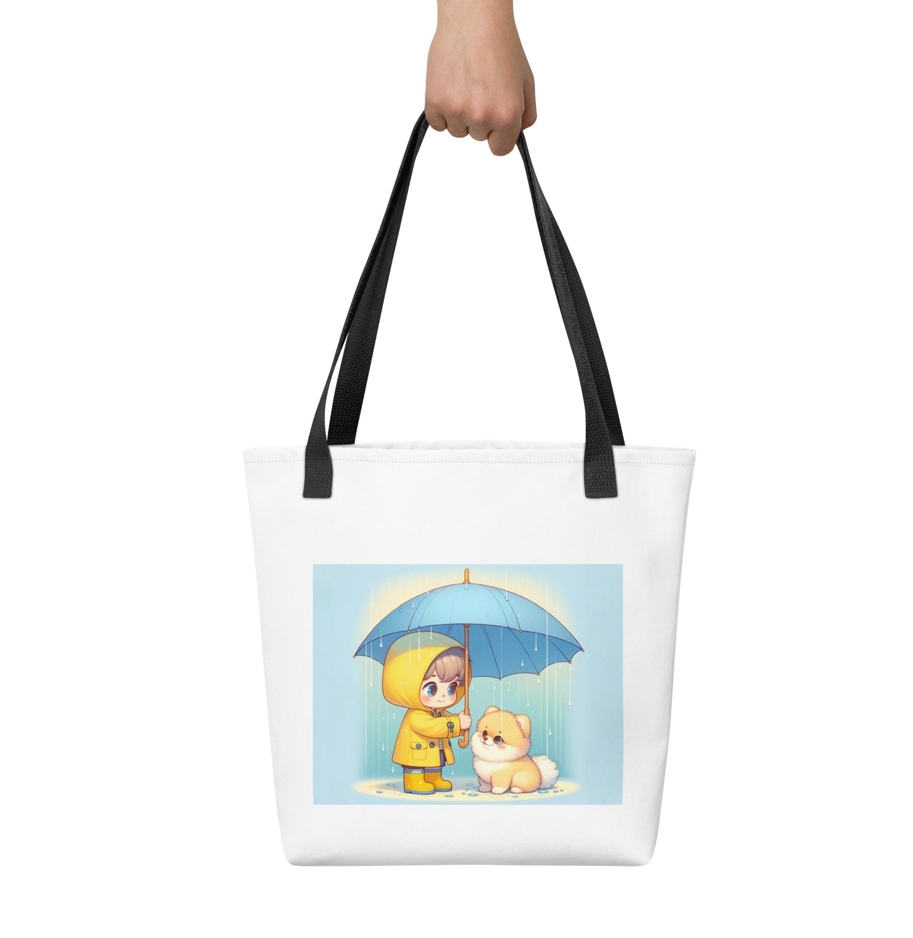Trendy Polyester Tote Bag met Kind & Pomeranian Illustratie - #shop_name