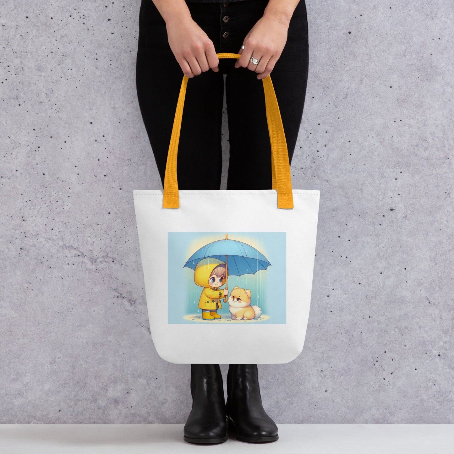 Trendy Polyester Tote Bag met Kind & Pomeranian Illustratie - #shop_name