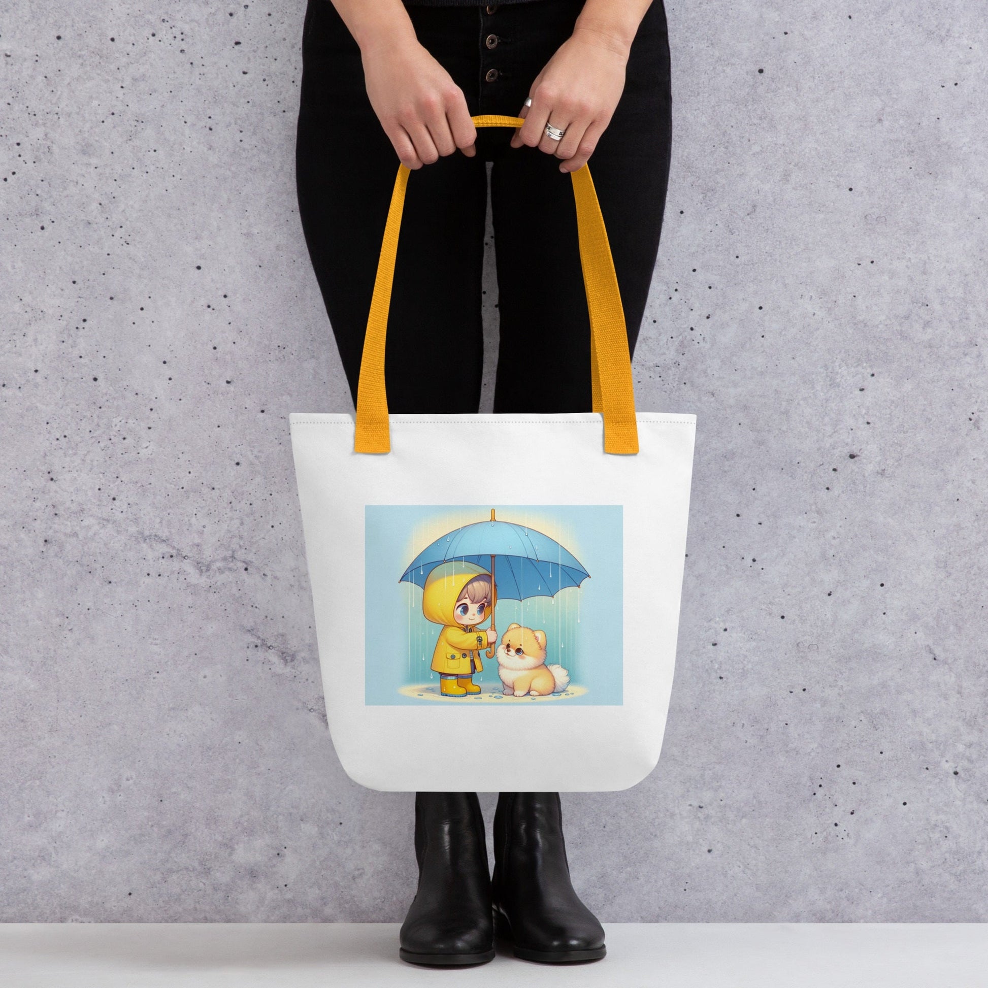 Trendy Polyester Tote Bag met Kind & Pomeranian Illustratie - #shop_name