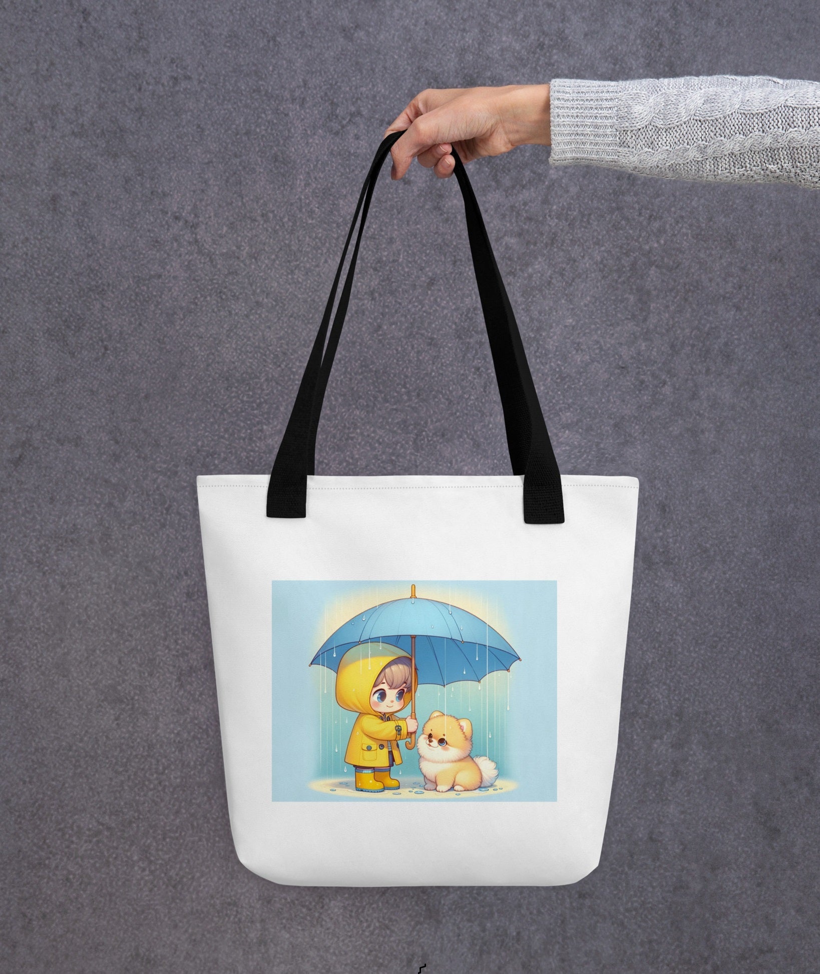 Trendy Polyester Tote Bag met Kind & Pomeranian Illustratie - #shop_name