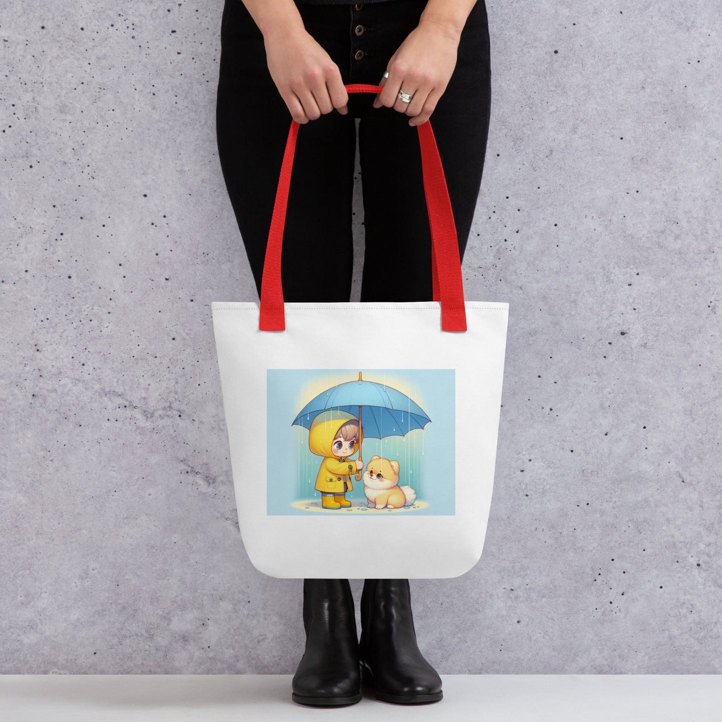 Trendy Polyester Tote Bag met Kind & Pomeranian Illustratie - #shop_name