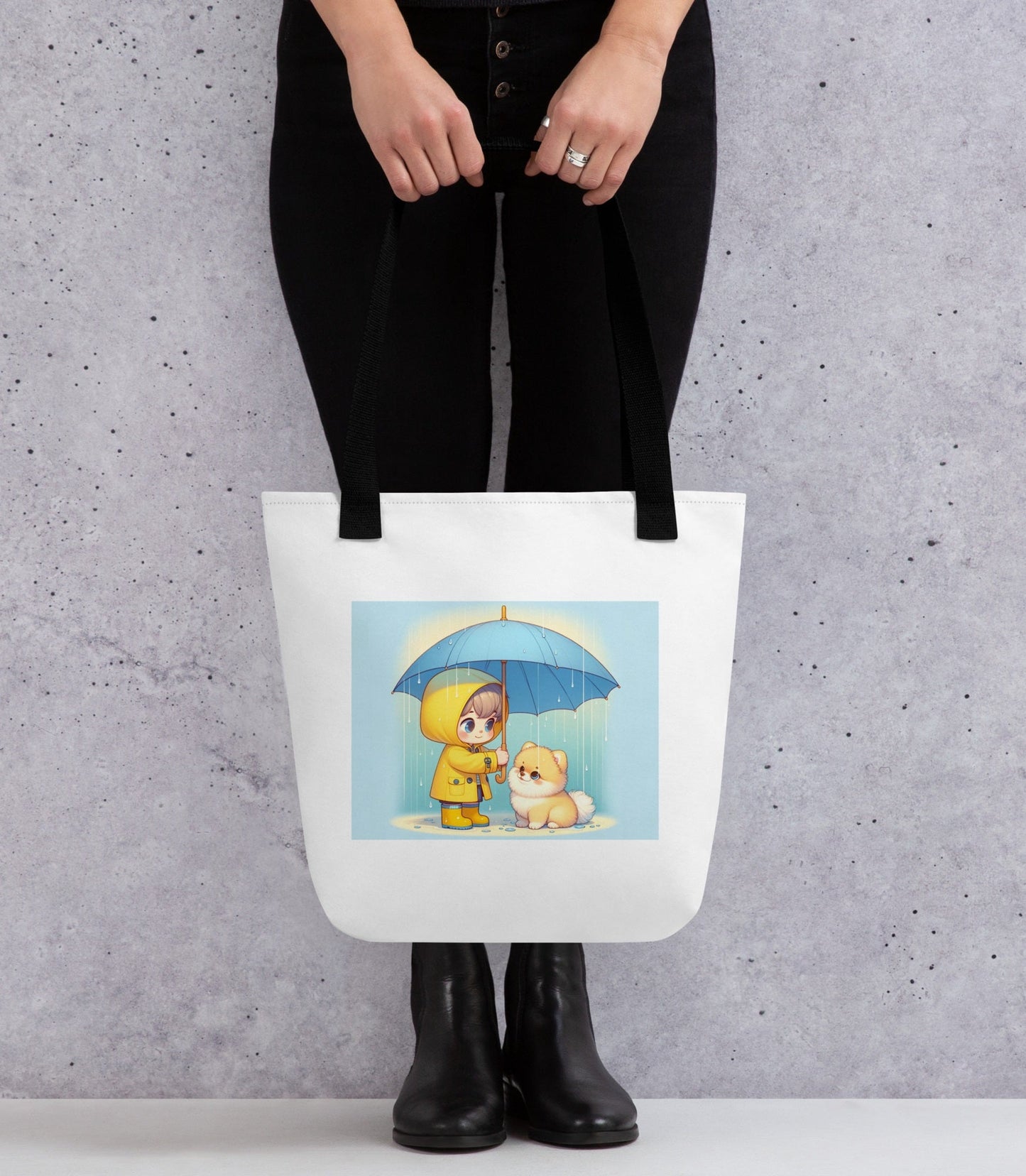 Trendy Polyester Tote Bag met Kind & Pomeranian Illustratie - #shop_name