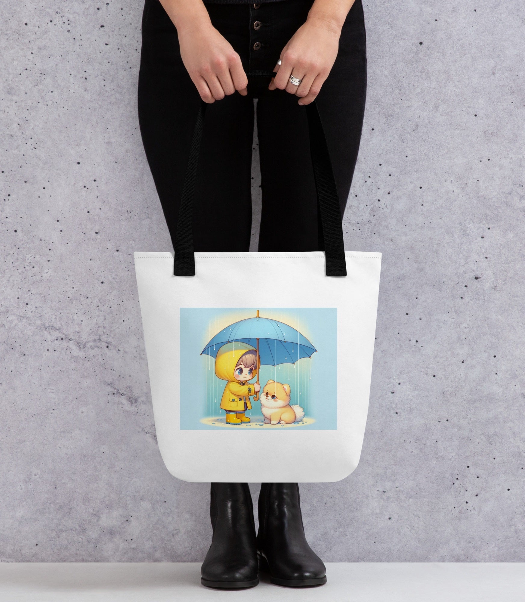 Trendy Polyester Tote Bag met Kind & Pomeranian Illustratie - #shop_name