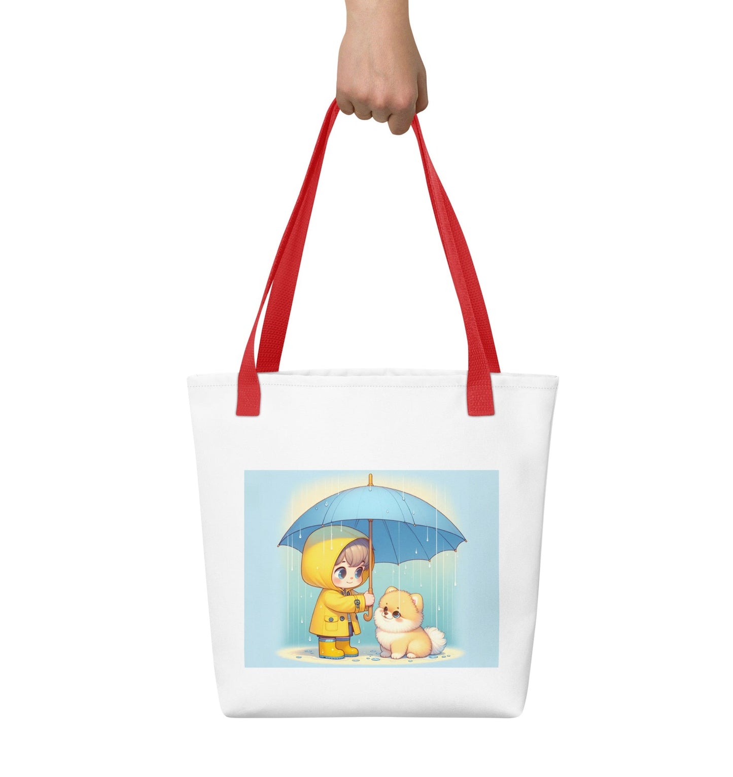 Trendy Polyester Tote Bag met Kind & Pomeranian Illustratie - #shop_name