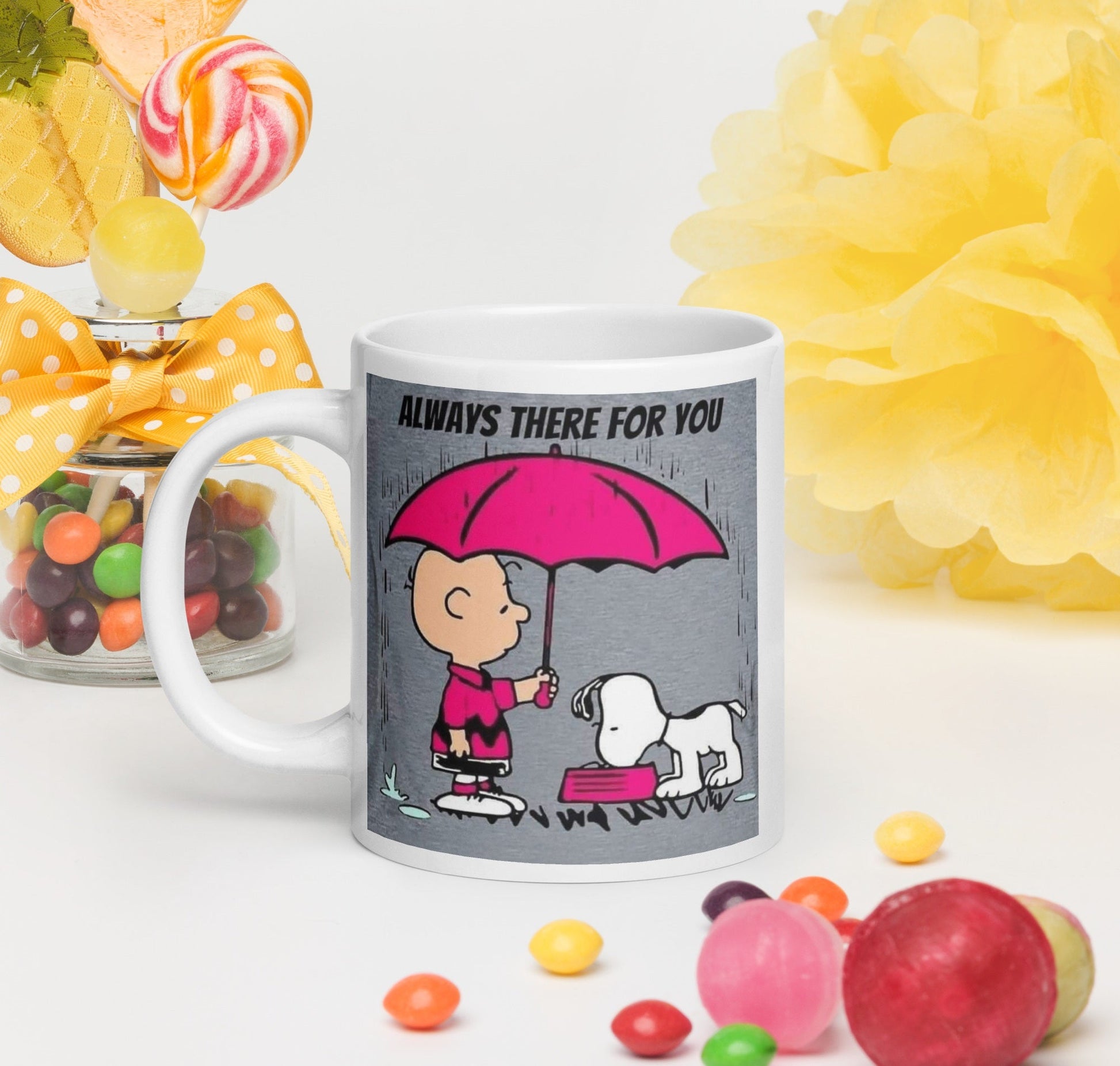 Witte Glanzende Mok met Sfeervolle Illustratie - "Always There For YOU" - #shop_name