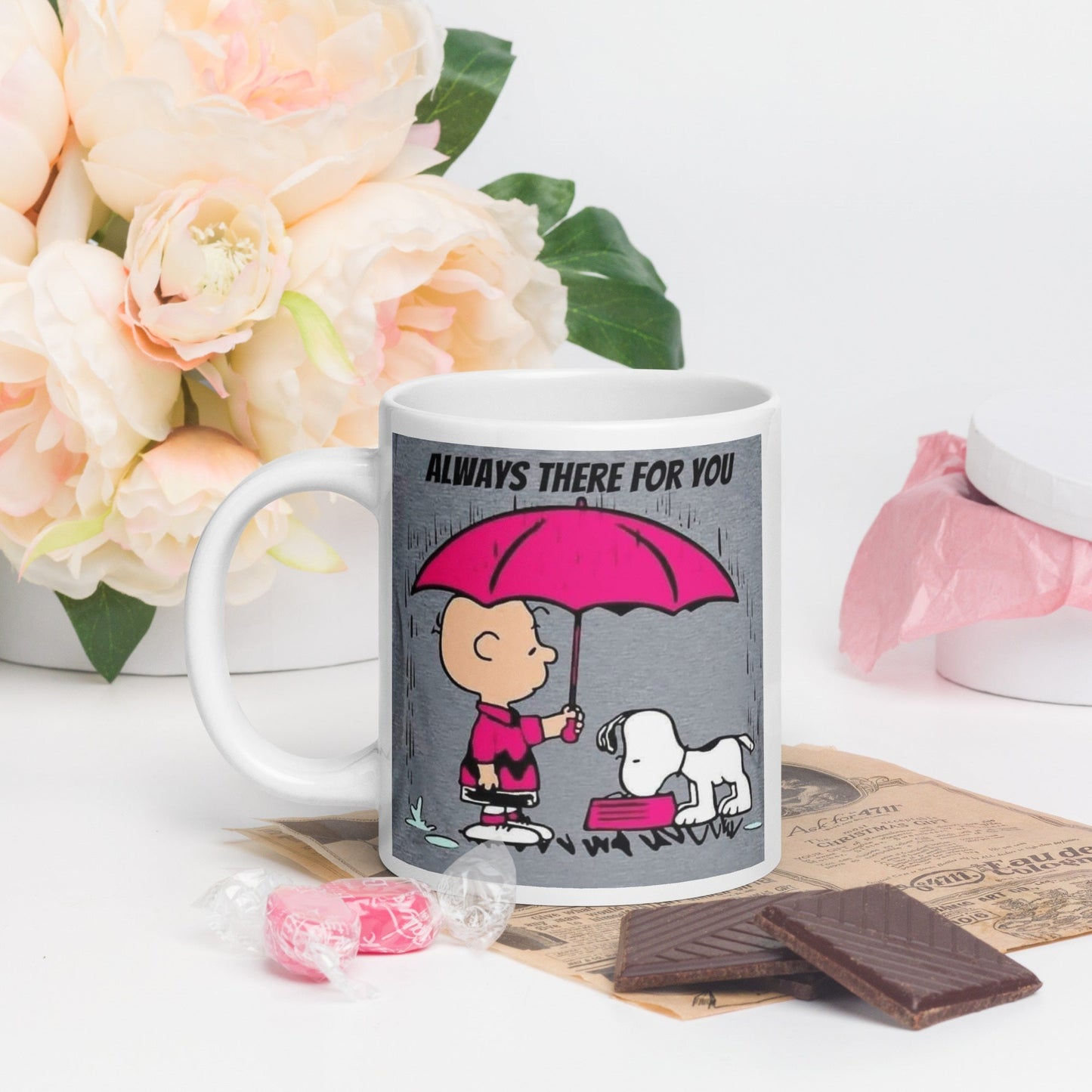 Witte Glanzende Mok met Sfeervolle Illustratie - "Always There For YOU" - #shop_name